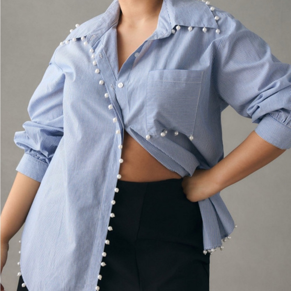 Anthropologie Blue Striped Women's Top with Pearl Accents